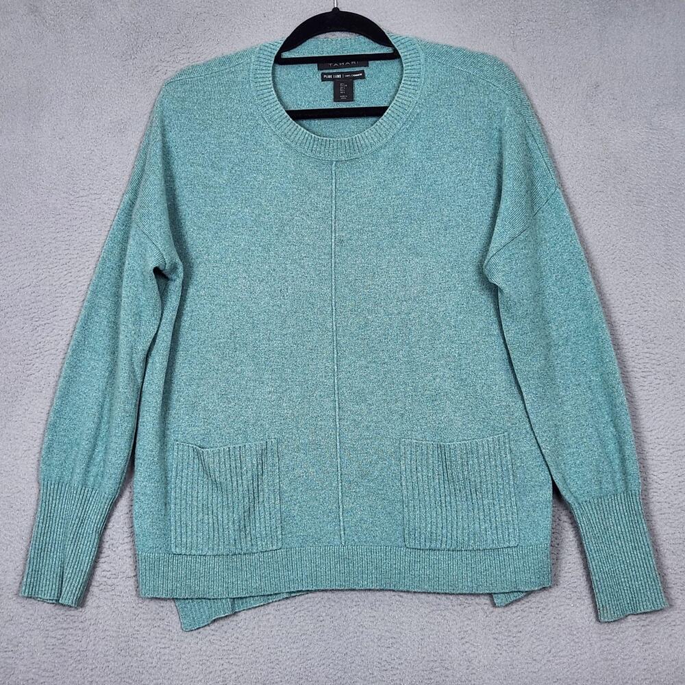 TAHARI 100% Cashmere Sweater Womens Large Green Crewneck Pullover Pockets Knit